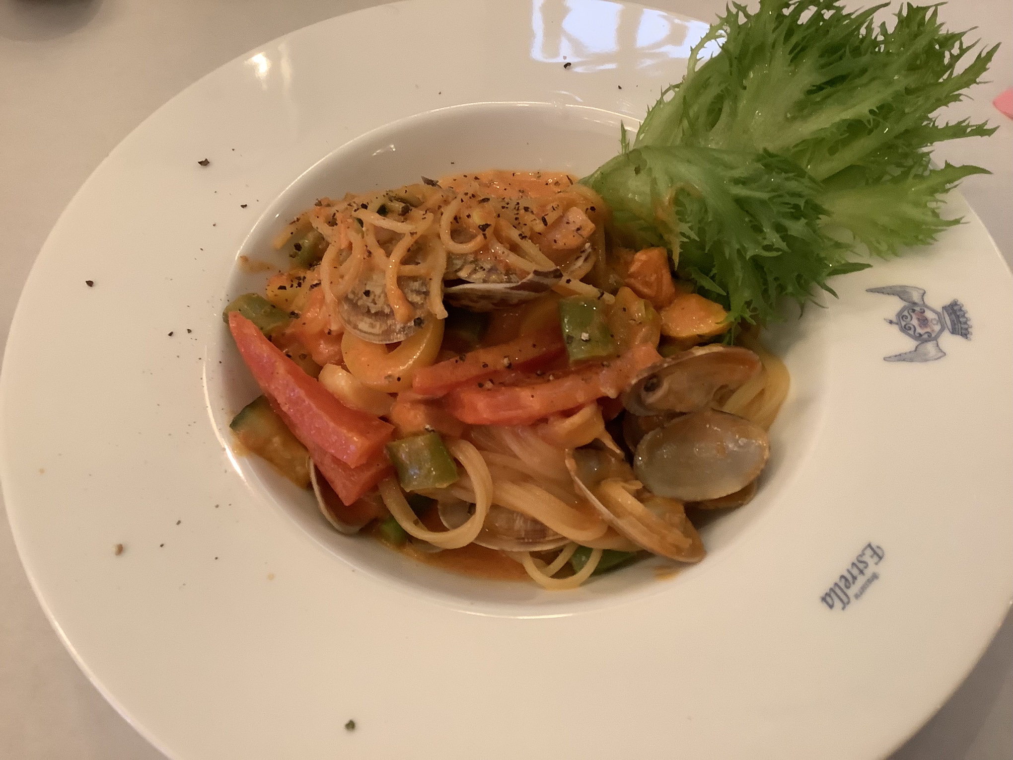 Pasta with Clam, Salmon and Vegetables